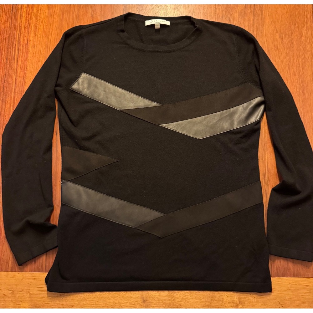 Siani Milano Black Knit Top Faux Leather Suede Chevron Mixed Media Sweater L